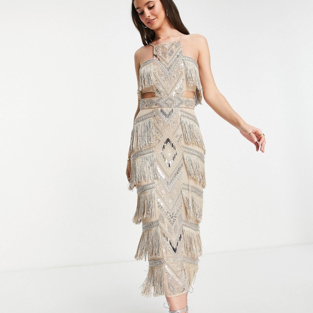 ASOS DESIGN high neck embellished pencil dress with fringe in beige